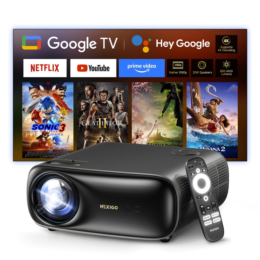 NexiGo PJ40 Pro Google TV Projector, Native 1080p, 4K Support, AI Image Enhancement, 800 AN