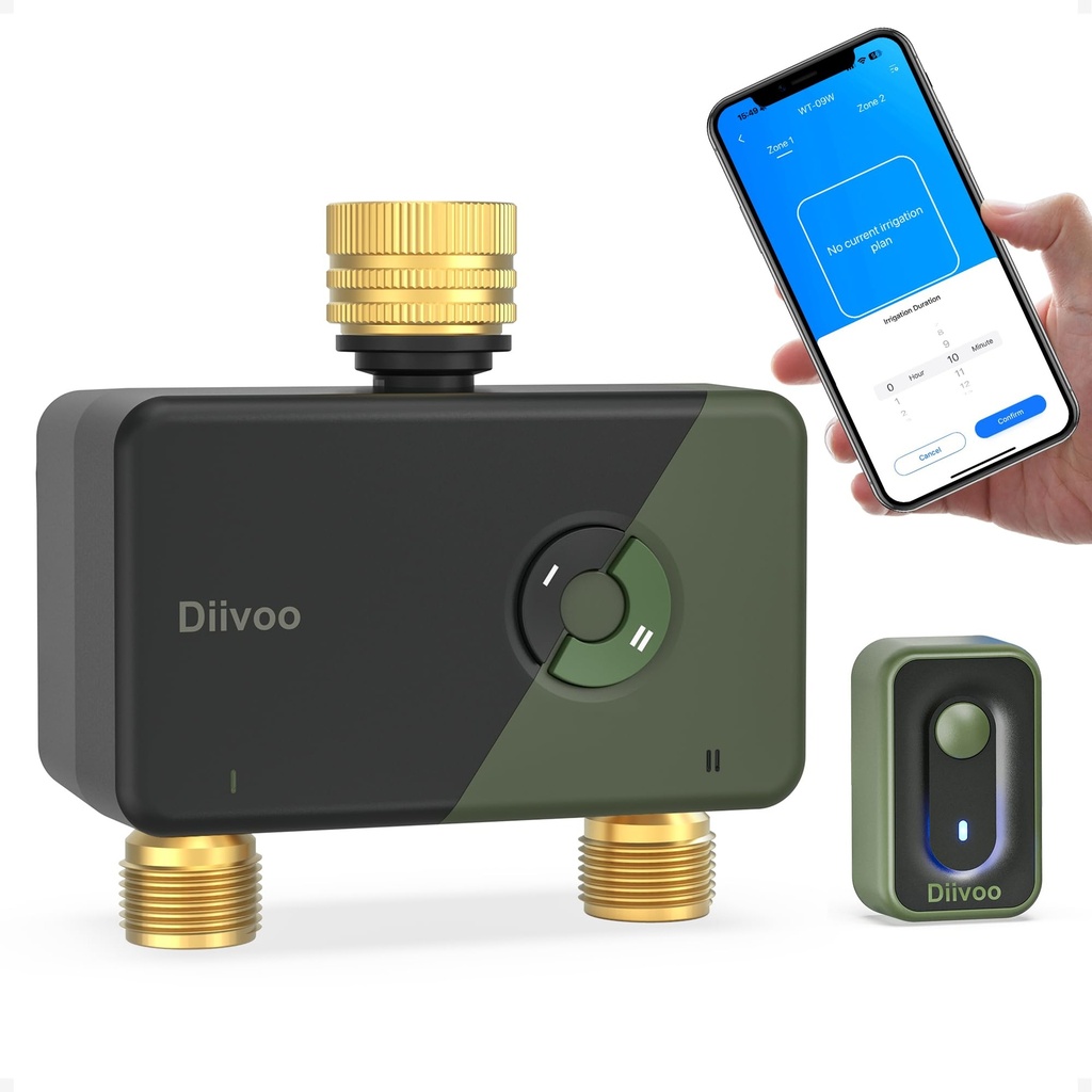 Diivoo WiFi Sprinkler Timer 2 Zone, Garden Hose/Tap Timer with Brass Inlet & Outlet