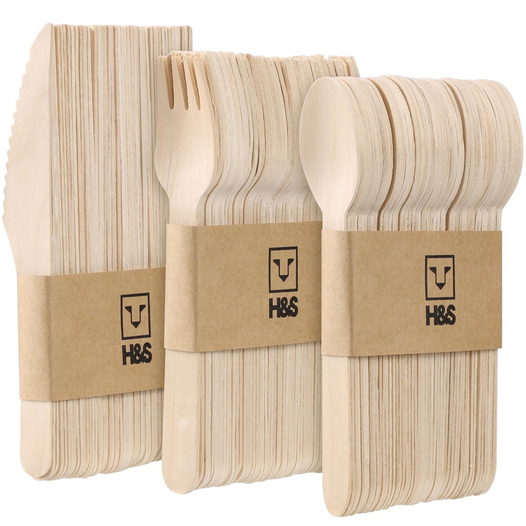 H&S Wooden Cutlery Set - Wood Spoon, Fork and Knife Set - Disposable Cutlery Alternative to