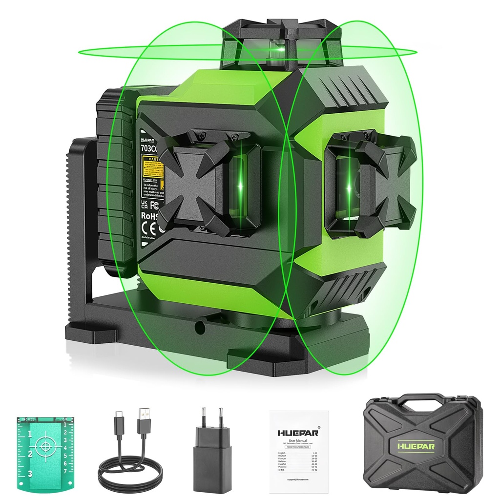 Huepar 3 x 360?? Laser Level Green 3D Self-Leveling Cross 12 Lines Lazer Level Three-Plane