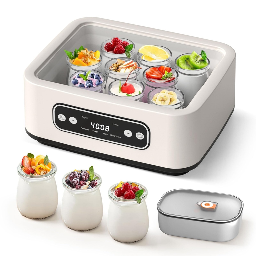 OKYUK Yogurt Maker with 1.6L 304 Stainless Steel Inner Pot and 9 Portable Cups, 4-in-1 Yogurt