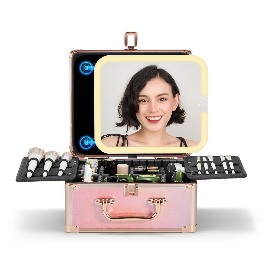 OMIRO Makeup Box with Led Mirror, Portable Beauty Cosmetic Organizer Case with Detachable M