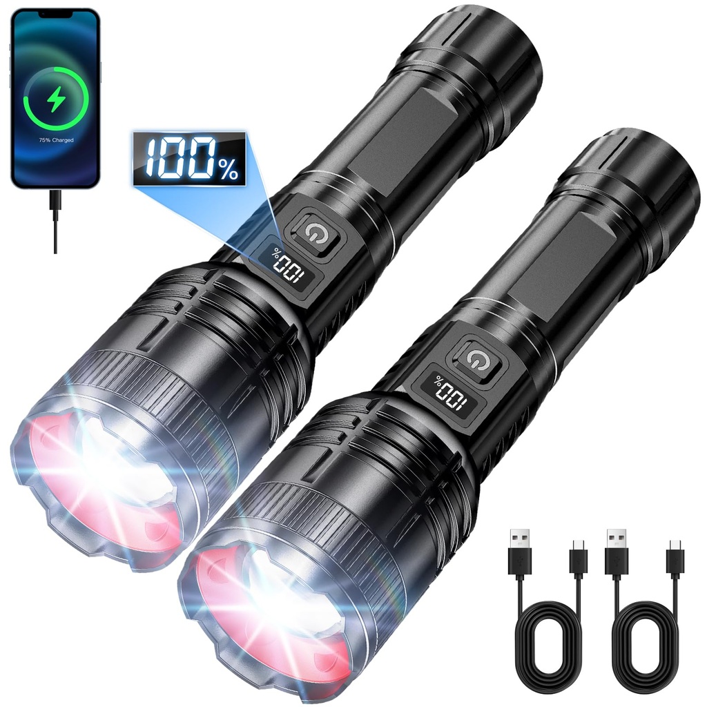 SWZA 500000 Lumens Torches LED Super Bright, USB Rechargeable Torches 2 Pack Zoomable, 5 Mo