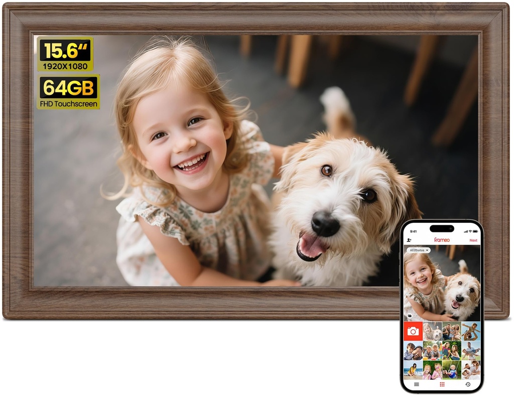 64GB 15.6" Frameo Digital Photo Frame WiFi Dark Wood - 1920 * 1080P FHD IPS Touch Screen Lar