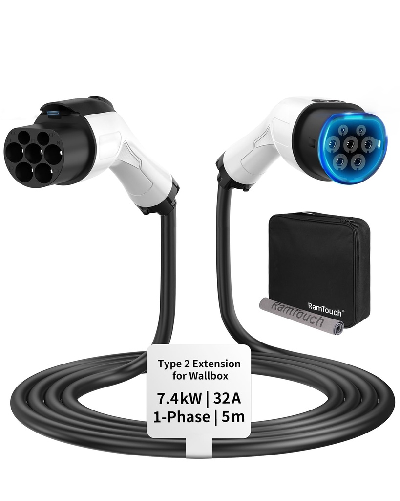 RamTouch EV Charger Extension Cable (32 A, 7.4 kW, 5 m, 1-Phase) - Type 2 Extension Cable fo