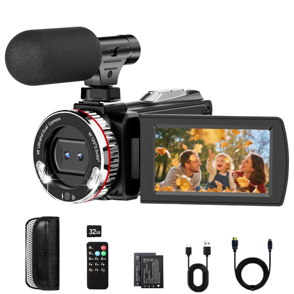 Euiivnt 4K Camcorder Video Camera, Vlogging Camera for YouTube with External Mic, Digital Zoom