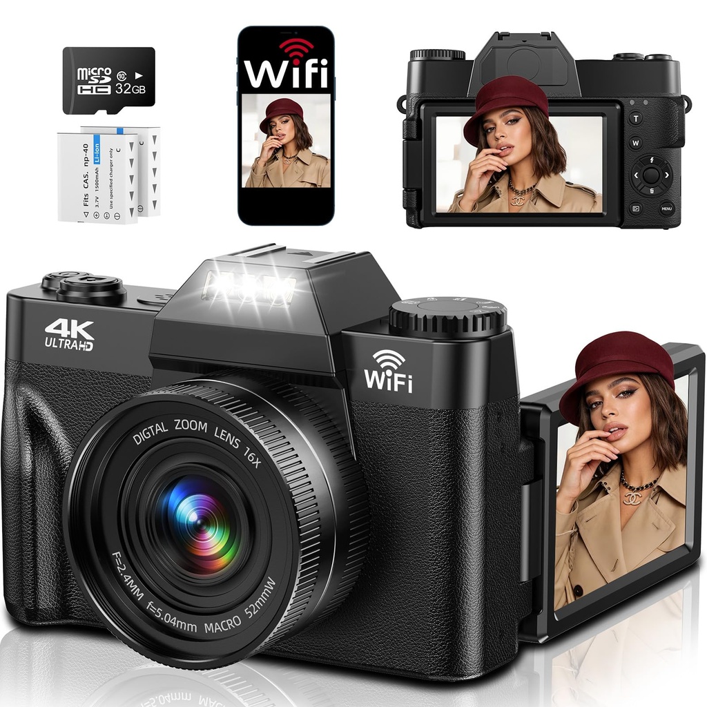 4K 75MP Digital Camera with WiFi, 3" 180° Flip Screen, 16X Digital Zoom Autofocus Vlogging