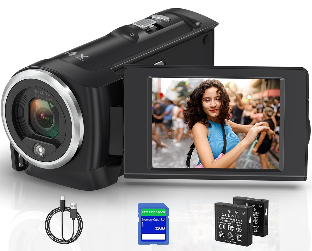 Delmodes Camcorder Video Camera 2.7K 56MP 16X Digital Zoom Vlogging Camera with LED Fill Light