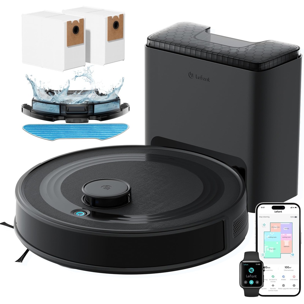 Lefant M2 Plus Robot Vacuum and Mop with Self-Emptying Base, 6000Pa Suction, 75-Day Hands-Free