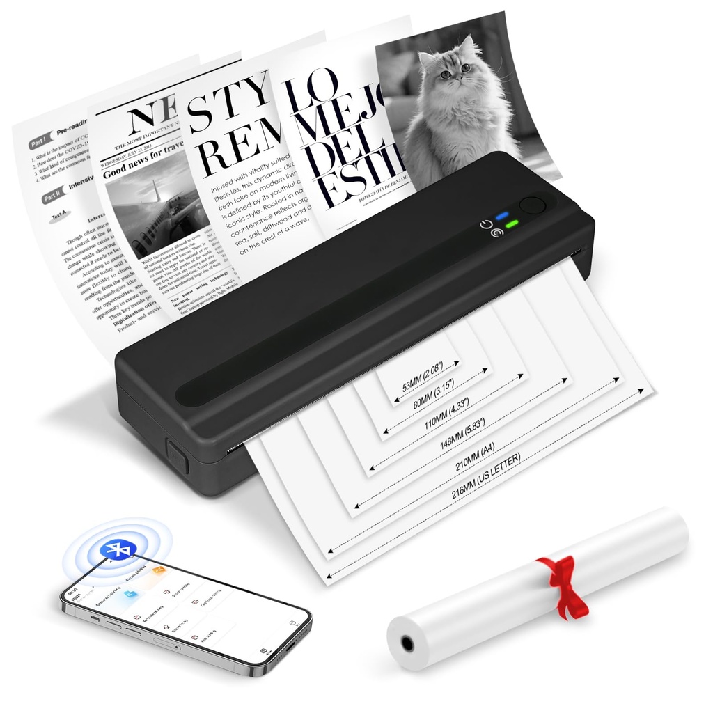 SMOCTAR Portable Thermal Printer A4 Wireless, Inkless Printer Bluetooth Compatible with Andr