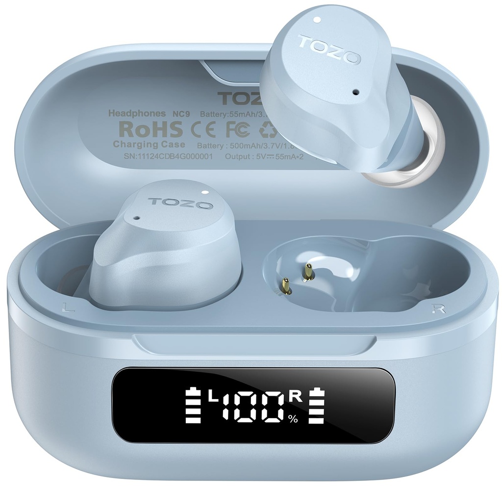 TOZO NC9 Hybrid Active Noise Cancelling Earbuds for Travel Work Calls, 45dB ANC Wireless Ea