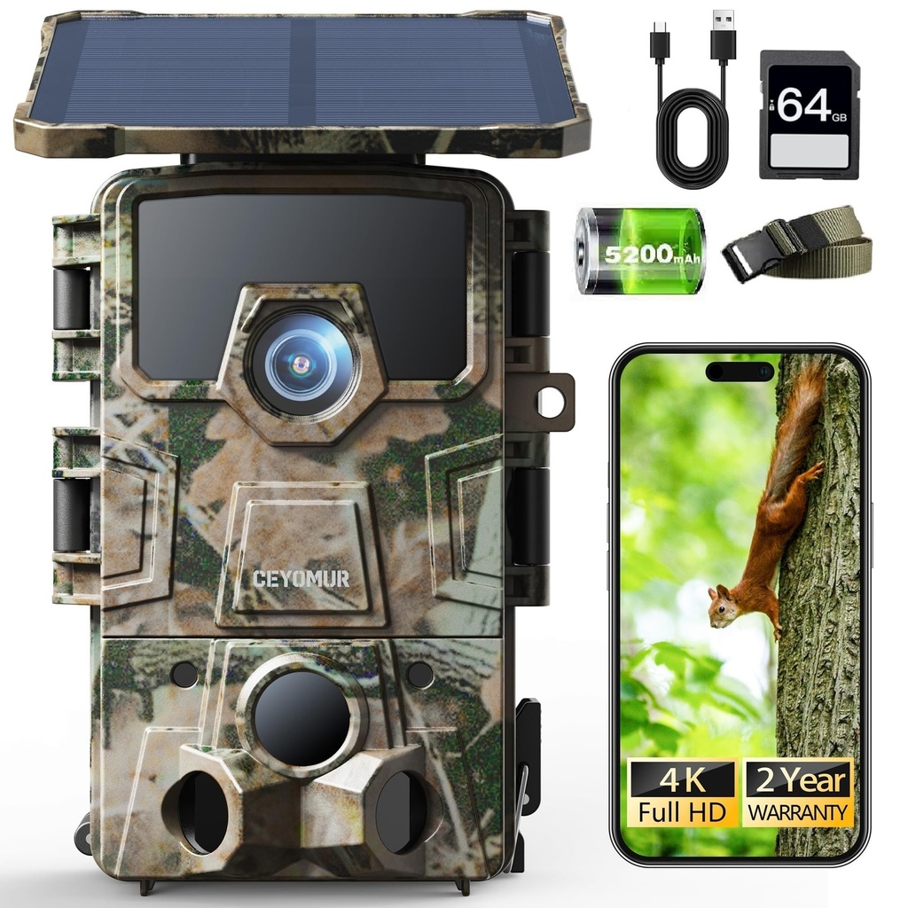 CEYOMUR 4K UHD Solar Wildlife Camera, WiFi 6 Trail Camera with 5200mAh Lithium Battery Recha