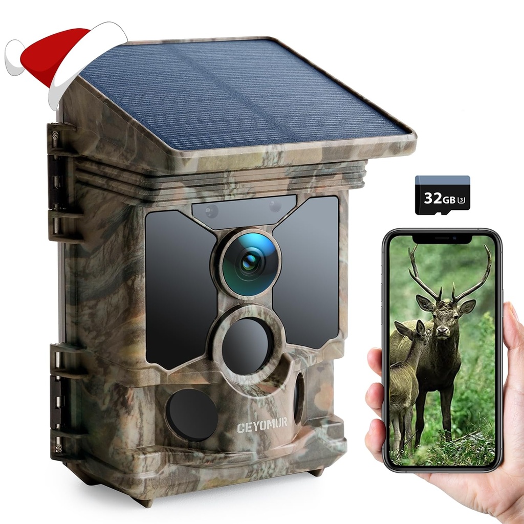 CEYOMUR Solar Wildlife Camera 4K 30fps, WiFi Bluetooth 68MP Trail Camera with 5200mAh Rechar