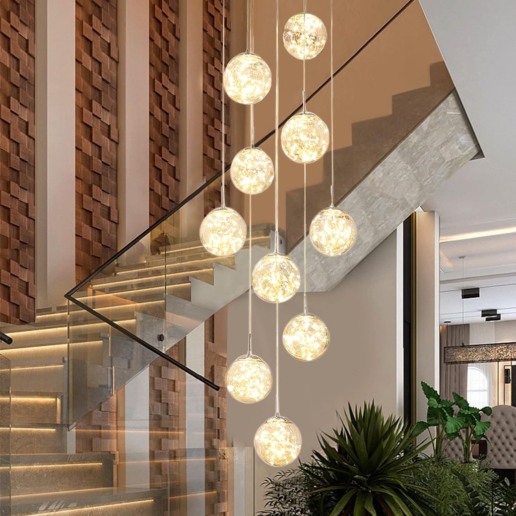 KAUCQI 10 Glass Ball Chandelier Light Fixture, Staircase Pendant Light, 50W Long Hanging Light
