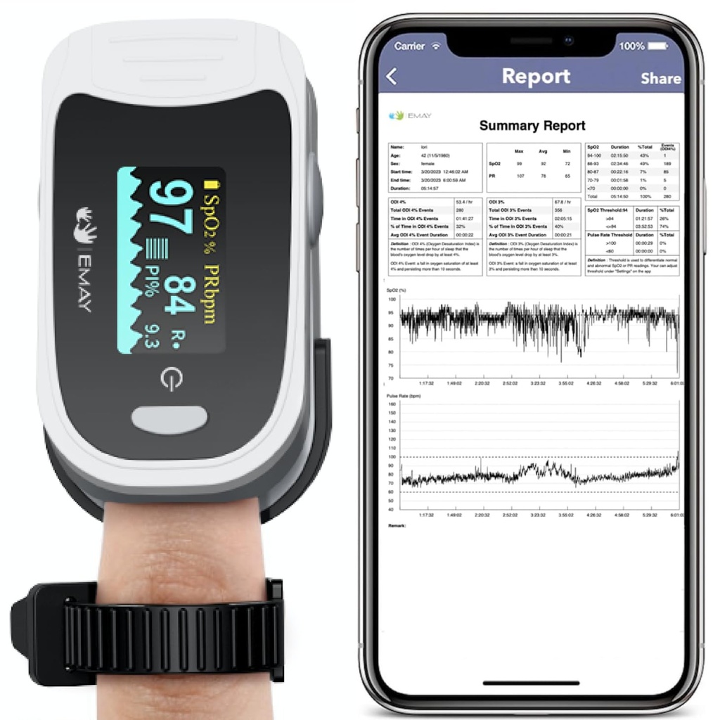 EMAY Sleep Pulse Oximeter with Built-in Recording Capability | Record Continuous Blood Oxyge