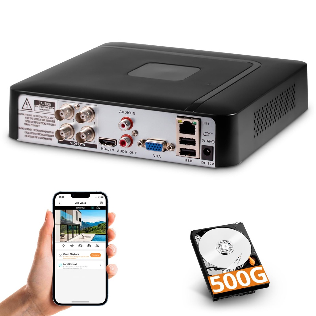 4 Channel CCTV Surveillance DVR with 500G HDD, 4 Ch 5MP H.265+ DVR Video Recorder for Analog