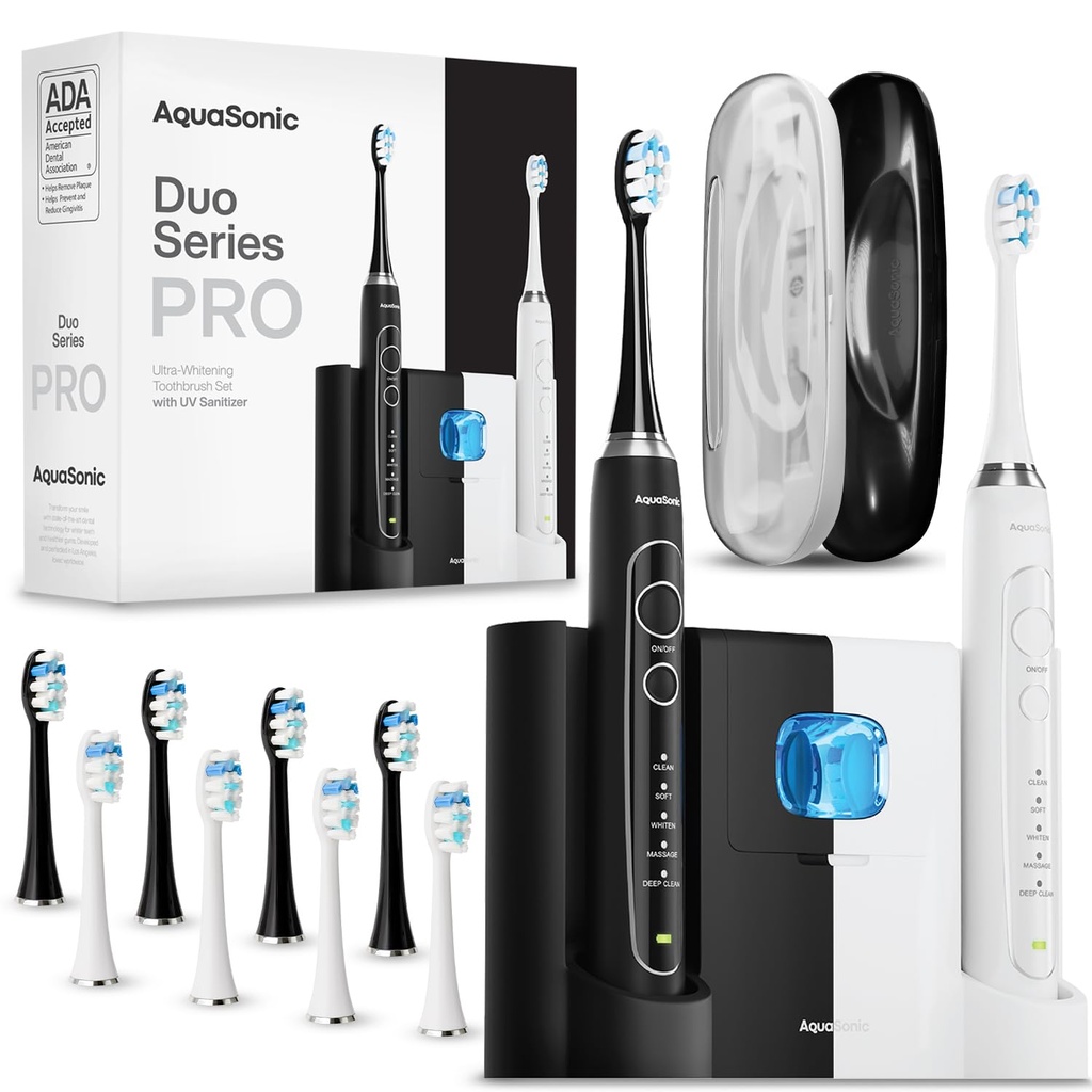 Aquasonic Duo PRO Ultra Whitening 50,000 VPM Electric Smart ToothBrushes ADA Accepted 