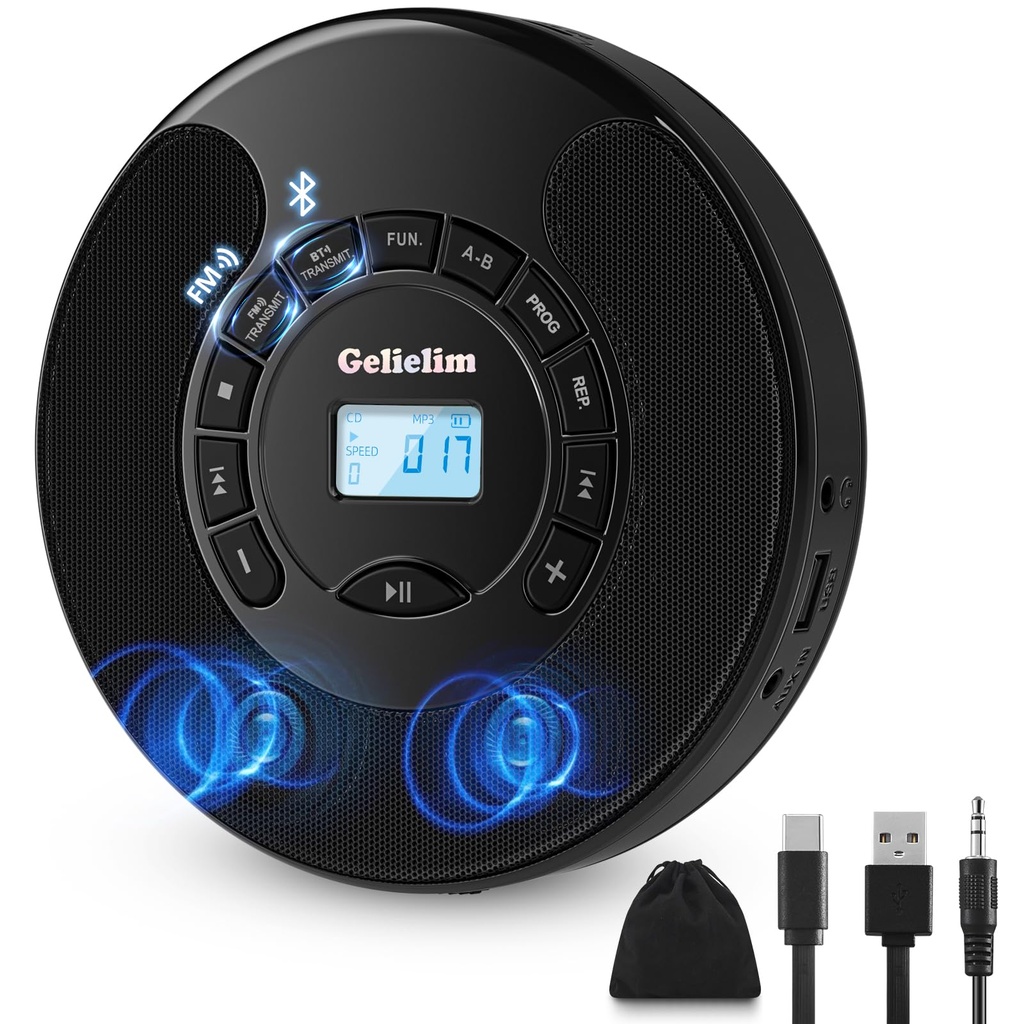 Gelielim Portable CD Player, Disman CD Players for Car with Bluetooth and FM Transmitter
