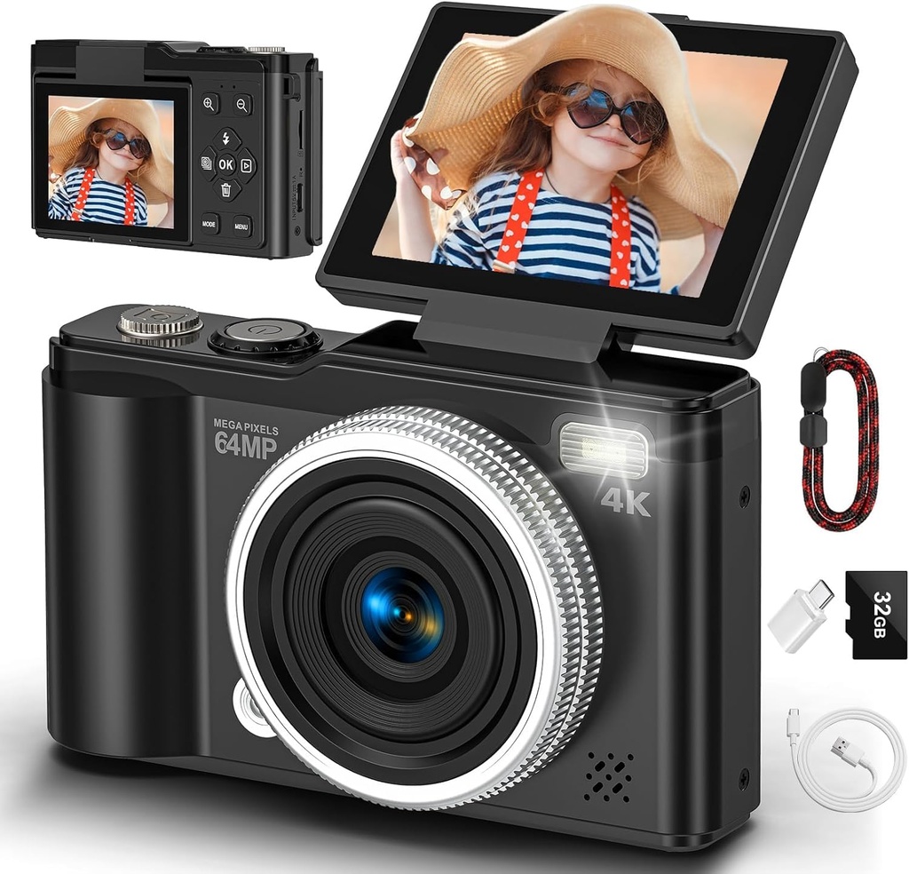 Digital camera, 4K 64MP Compact Digital Camera with Autofocus and Macro Function, 180 Flip