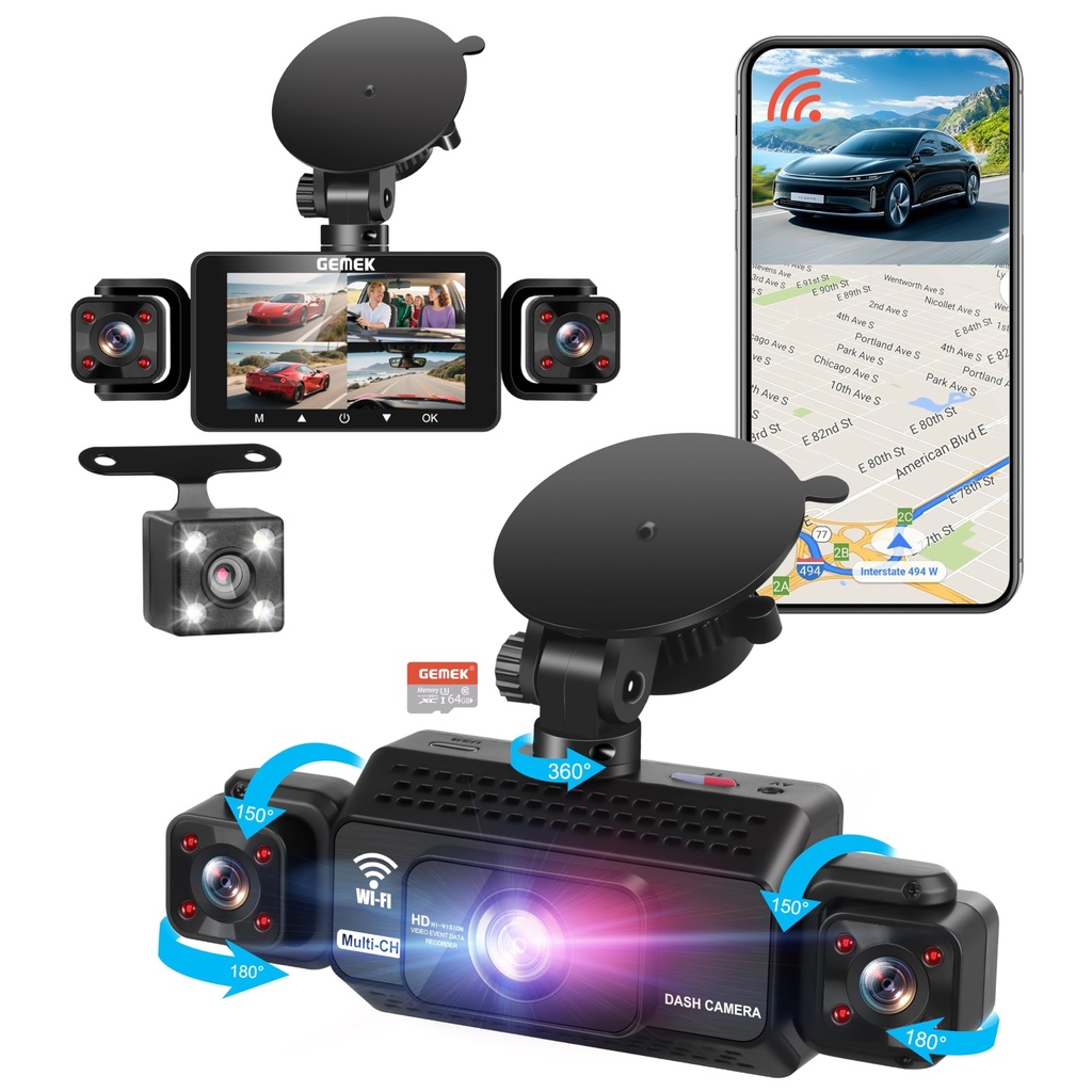 4 Channel Dash Cam 360° View 5G WiFi & APP Control, GEMEK 2K Front and Rear Inside, Left