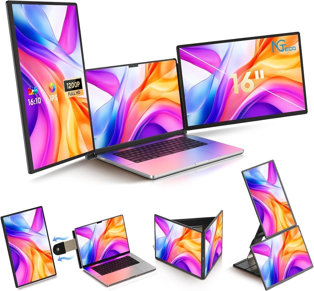 NGTeco Laptop Screen Extender, 16" FHD 1200P IPS Laptop Monitor Extender Triple Screen