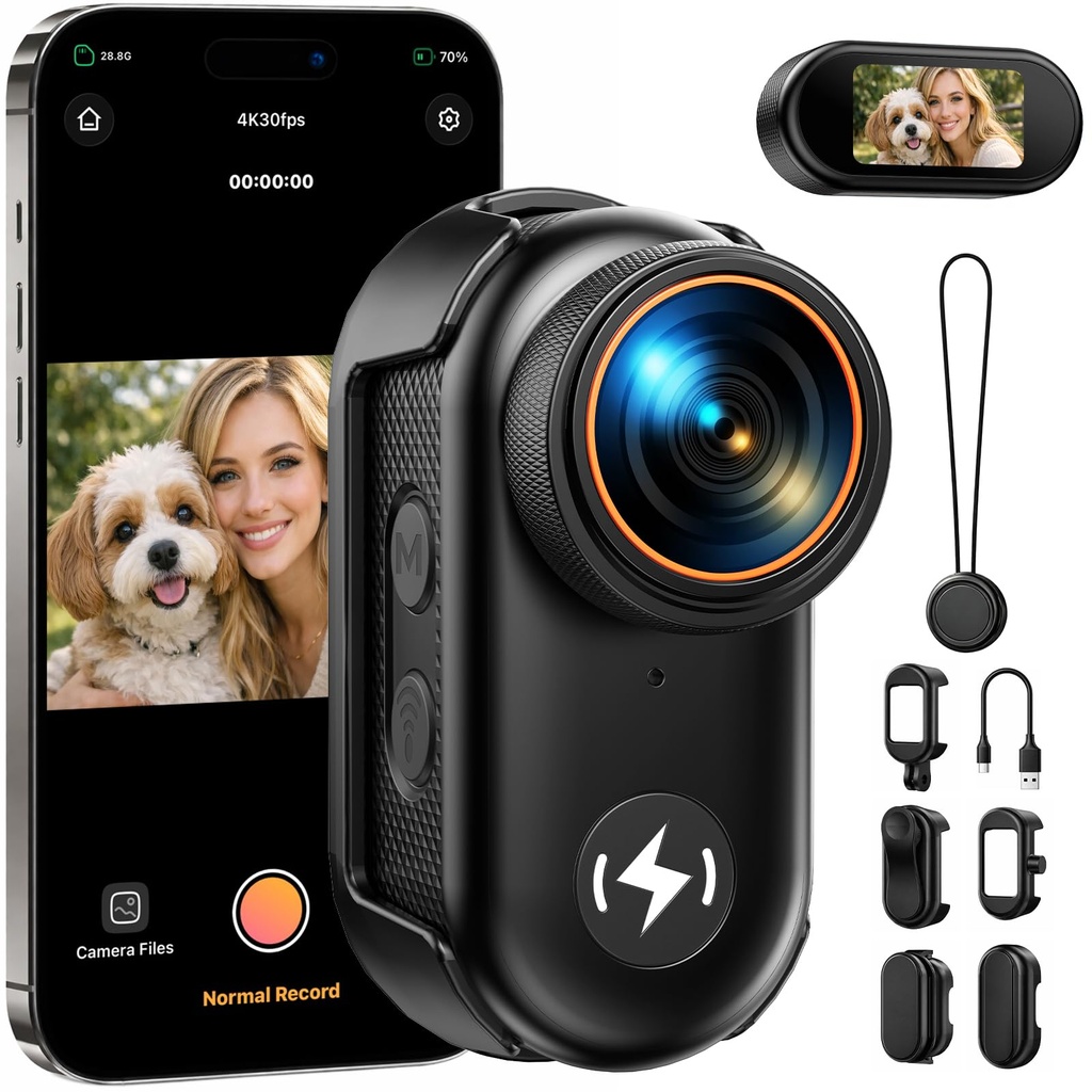 CAMWORLD 4K POV Camera with 64GB Card, WiFi Thumb Action Camera with 1.47" Screen Portable