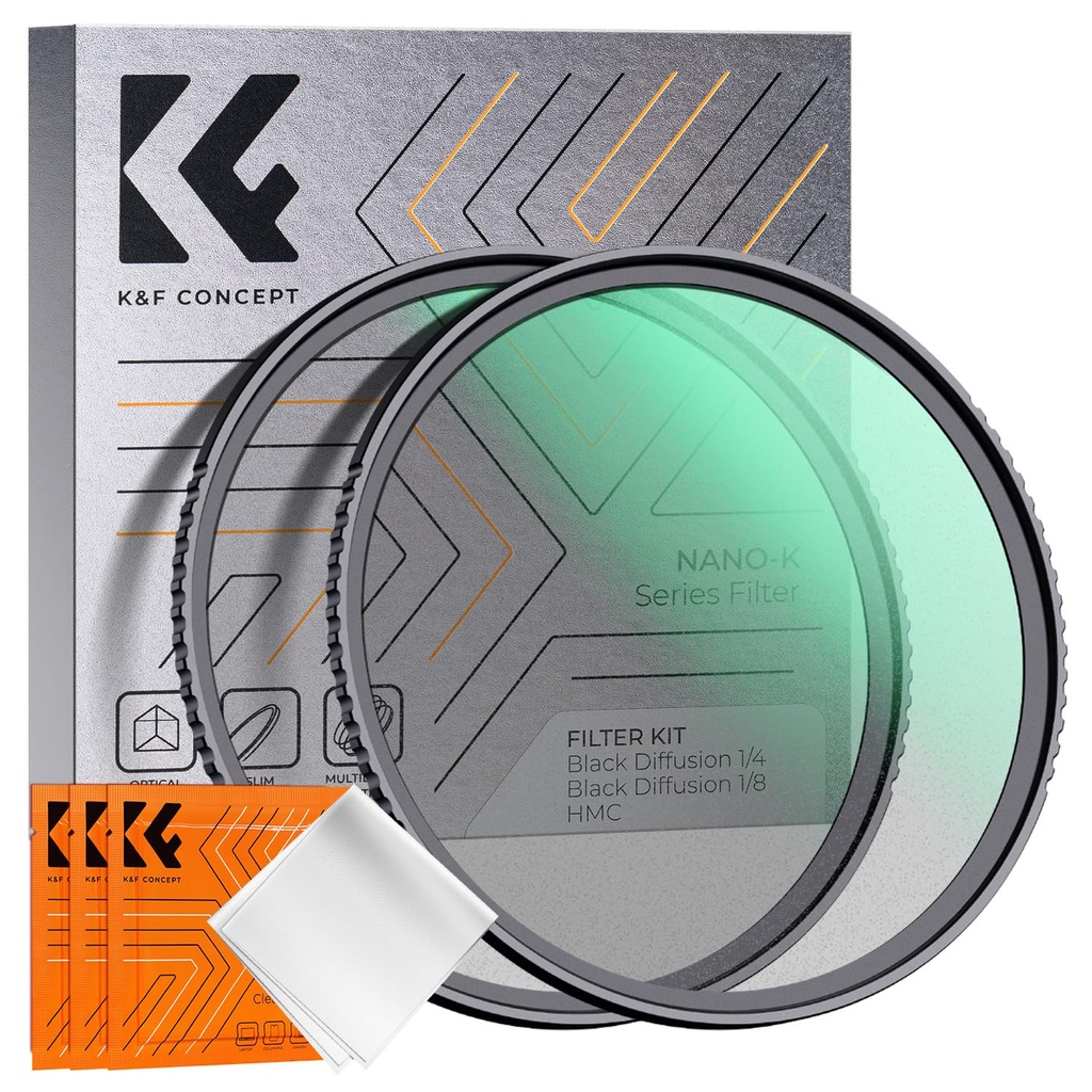 K&F CONCEPT 82mm Black Diffusion 1/4 +1/8 Filter Kit Black-Mist Soft Glow Diffuser Lens Filter