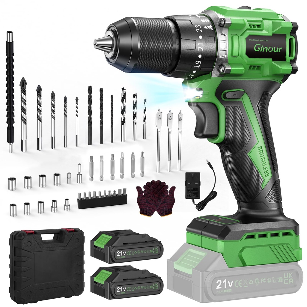 Ginour 21V Brushless Cordless Combi Drill Set, 2x2.0Ah, Hammer Drill 50Nm, compatible with