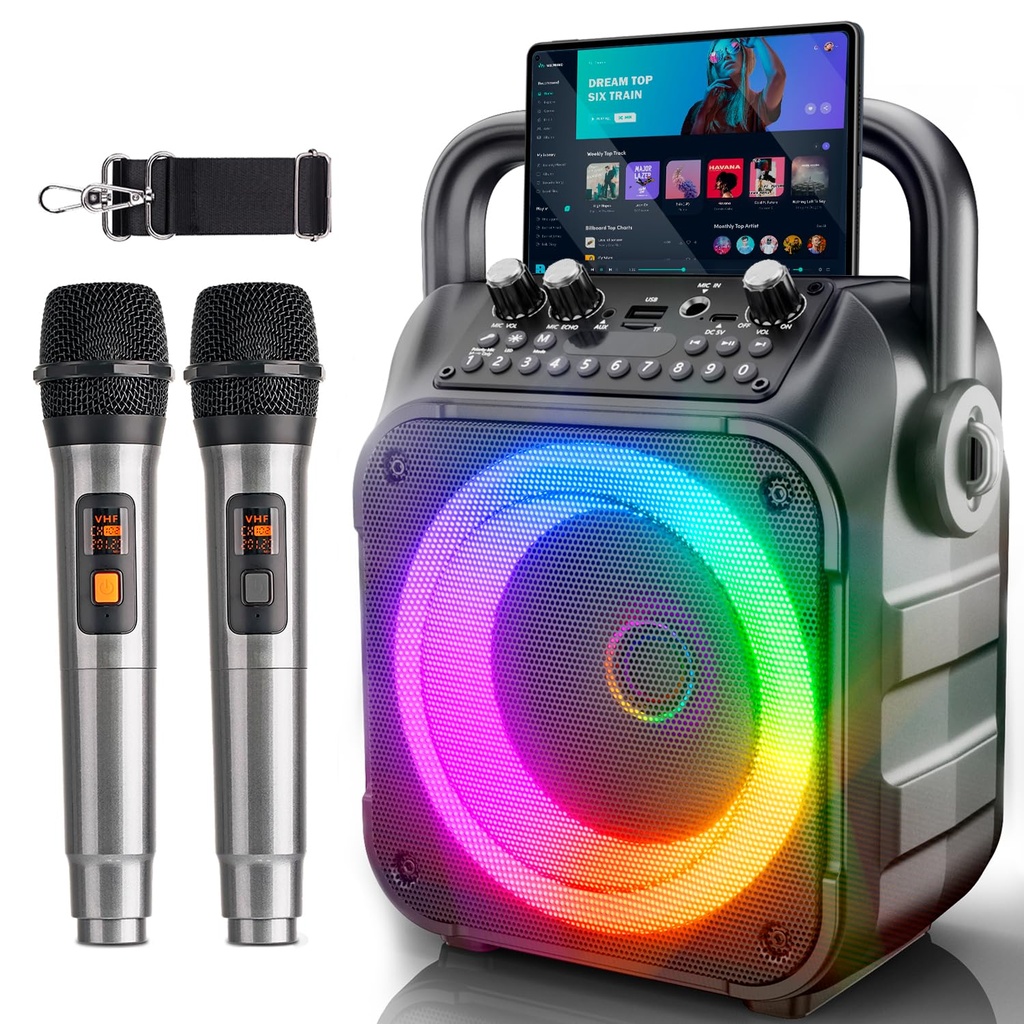 Karaoke Machine with 2 Wireless Microphones: [Newest] Portable Bluetooth Karaoke Speaker for