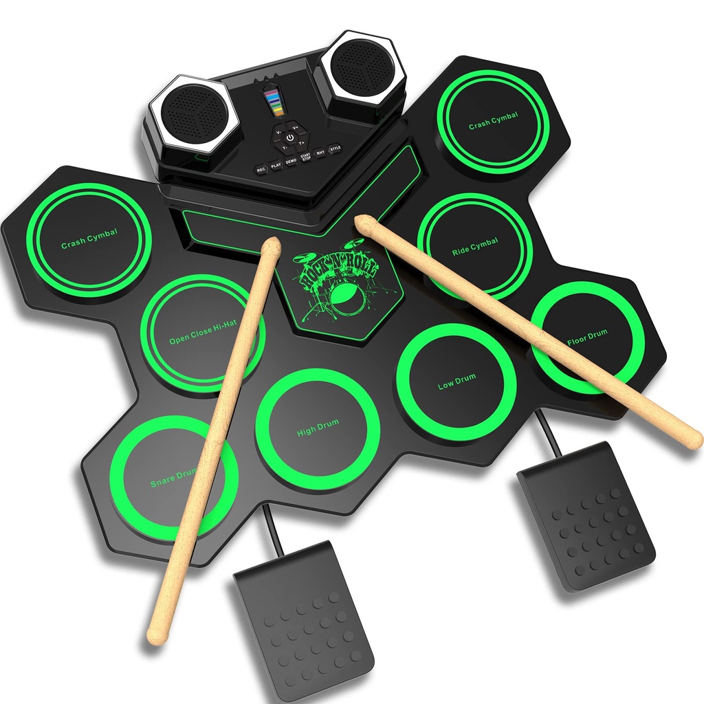 CNAPXAIA Electric Drum Kit, 9 Pads Silicone Roll Up Drum Pad with Built-in Speaker Kickpedal