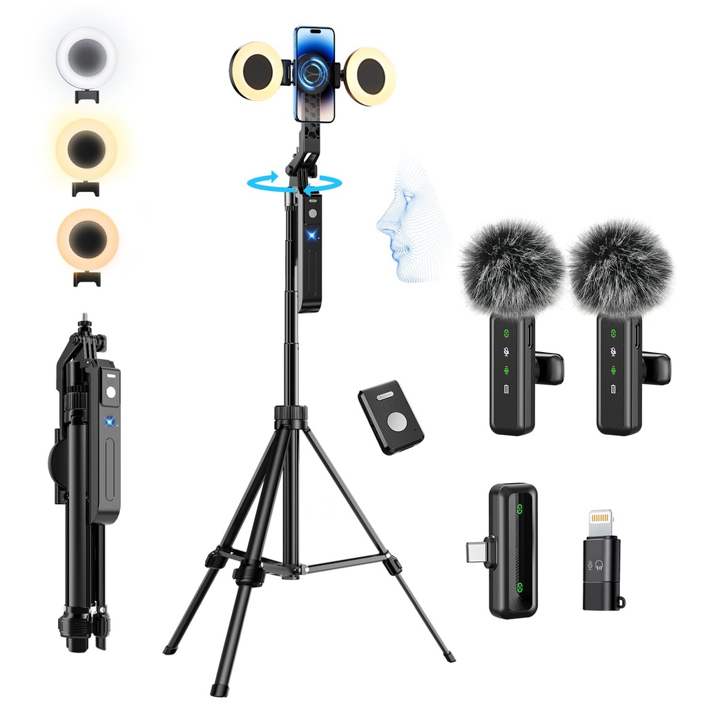 yAyusi Vlogging Kit for iPhone/Android, 180cm Auto Face Tracking Tripod for iPhone with Lig