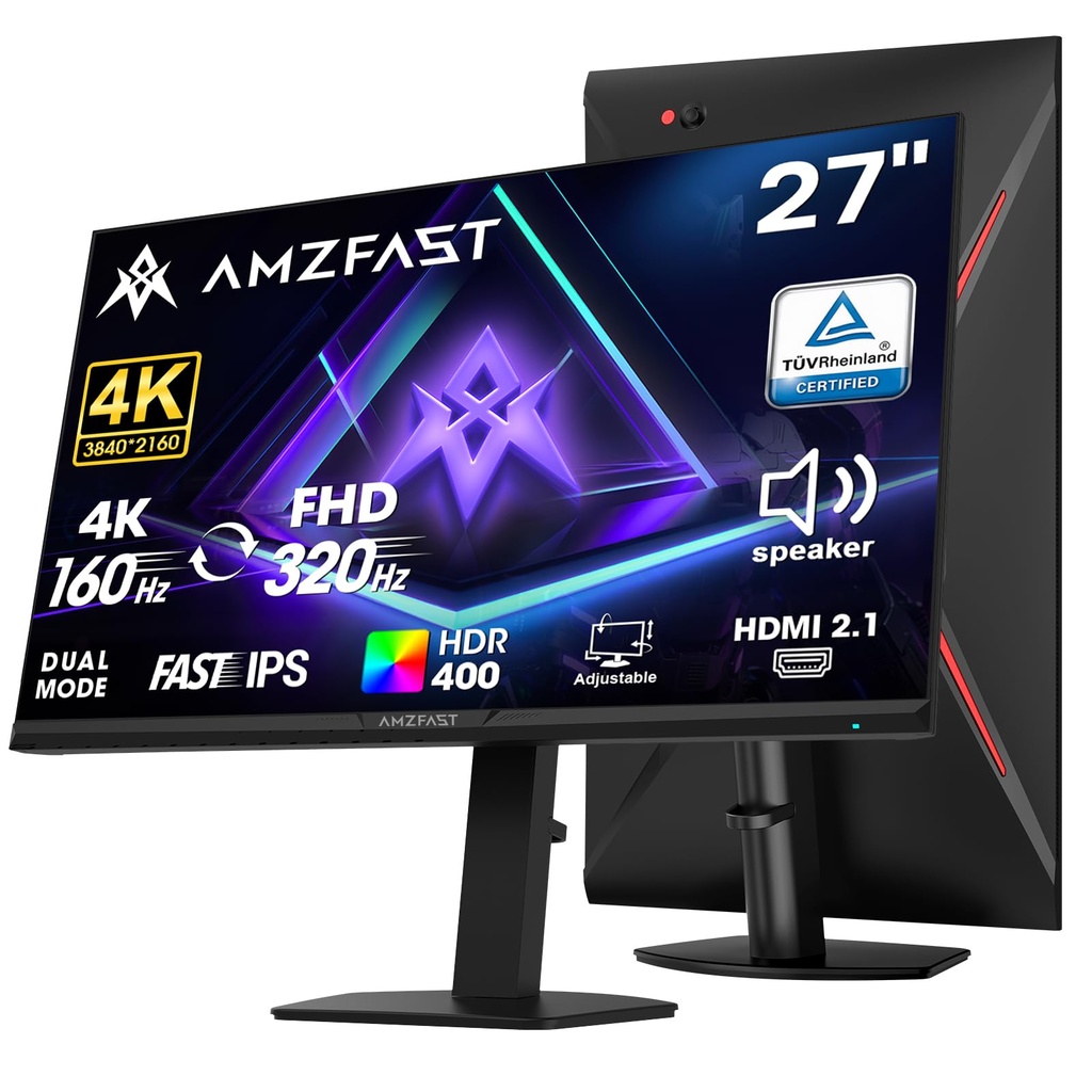 Amzfast 4K Gaming Monitor 27 Inch, Dual Mode 4K@160Hz/FHD@320Hz, Fast IPS, Built-In Speakers