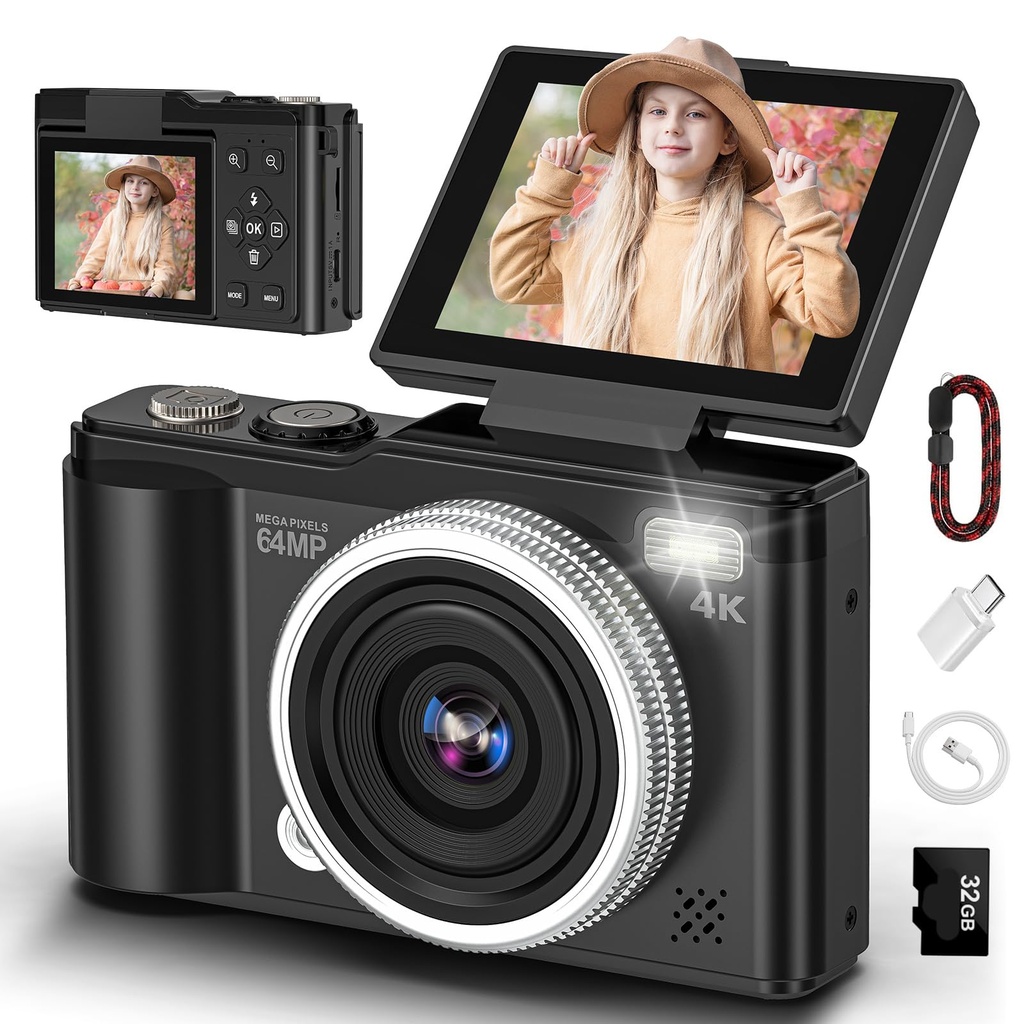 4K 64MP Digital Camera with 32GB TF Card, 180° Flip Screen Autofocus Camera with Macro 