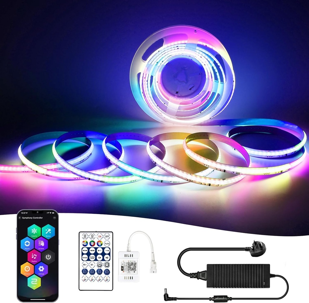 Smart RGBIC COB LED Strip 10M, Colour Changing LED Tape Lights, DC24V, 10mm Width, Multicoloured