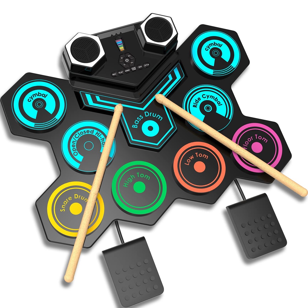 Portable Electric Drum Kit, CNAPXAIA Foldable Kids Drum Pad with Build-in Stereo Speakers
