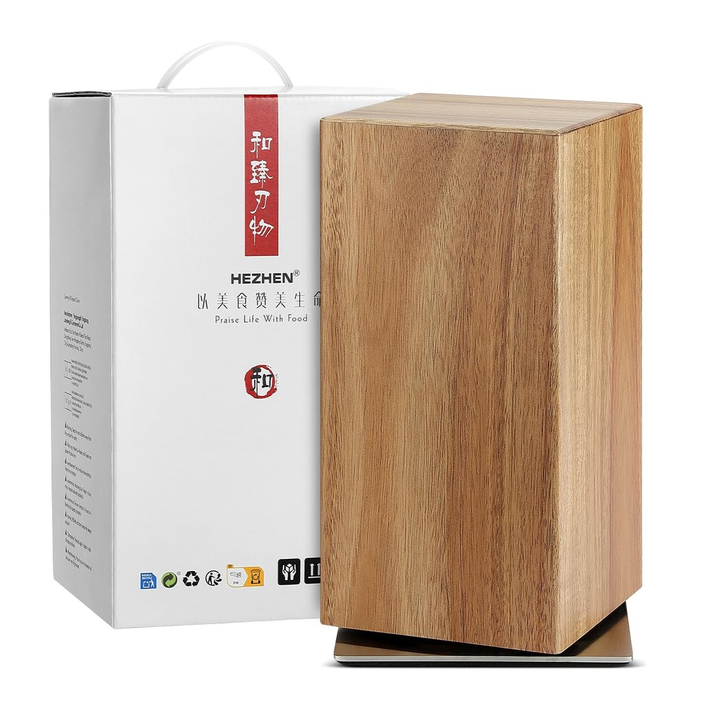 HEZHEN Magnetic Rotating Knife Holder Without Knives, Acacia Wood, 360 Knife BlocK