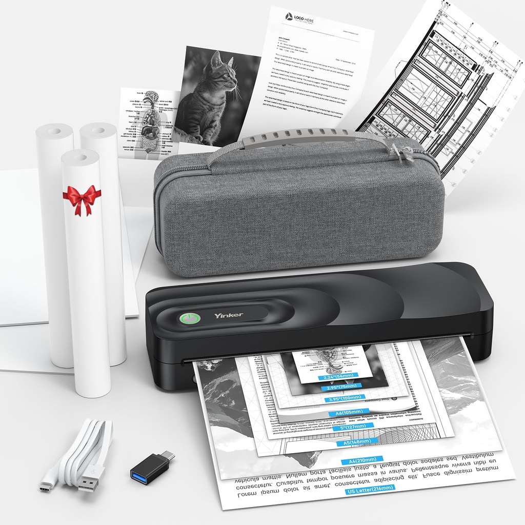 Yinker Portable A4 Thermal Printer, 3 Rolls Thermal Paper & 2 Folding Papers Included