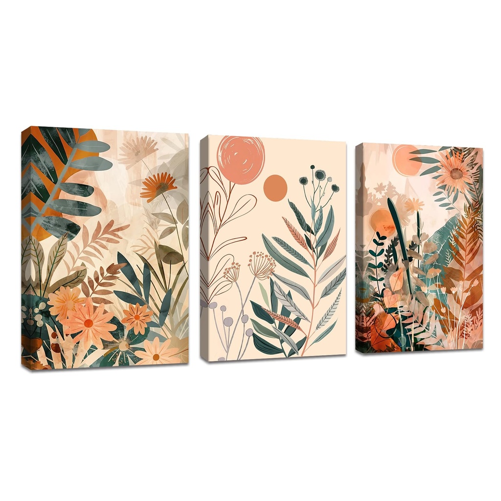 FajerminArt 3Pcs Boho Orange Framed Canvas Wall Art, Abstract Leaves and Sun Nordic Minimal