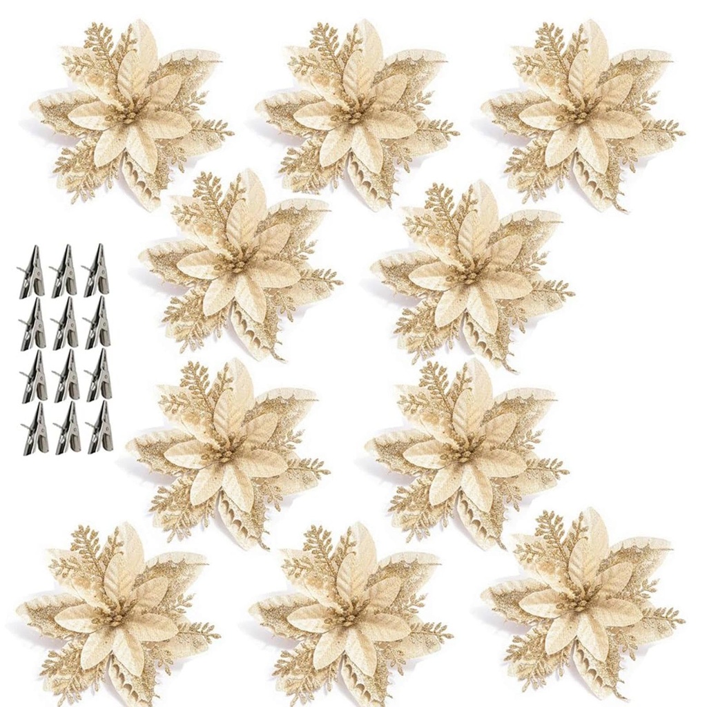 10 PCS Christmas Tree Flowers Decorations with Clip, 15cm Christmas Glitter Poinsettia Flow