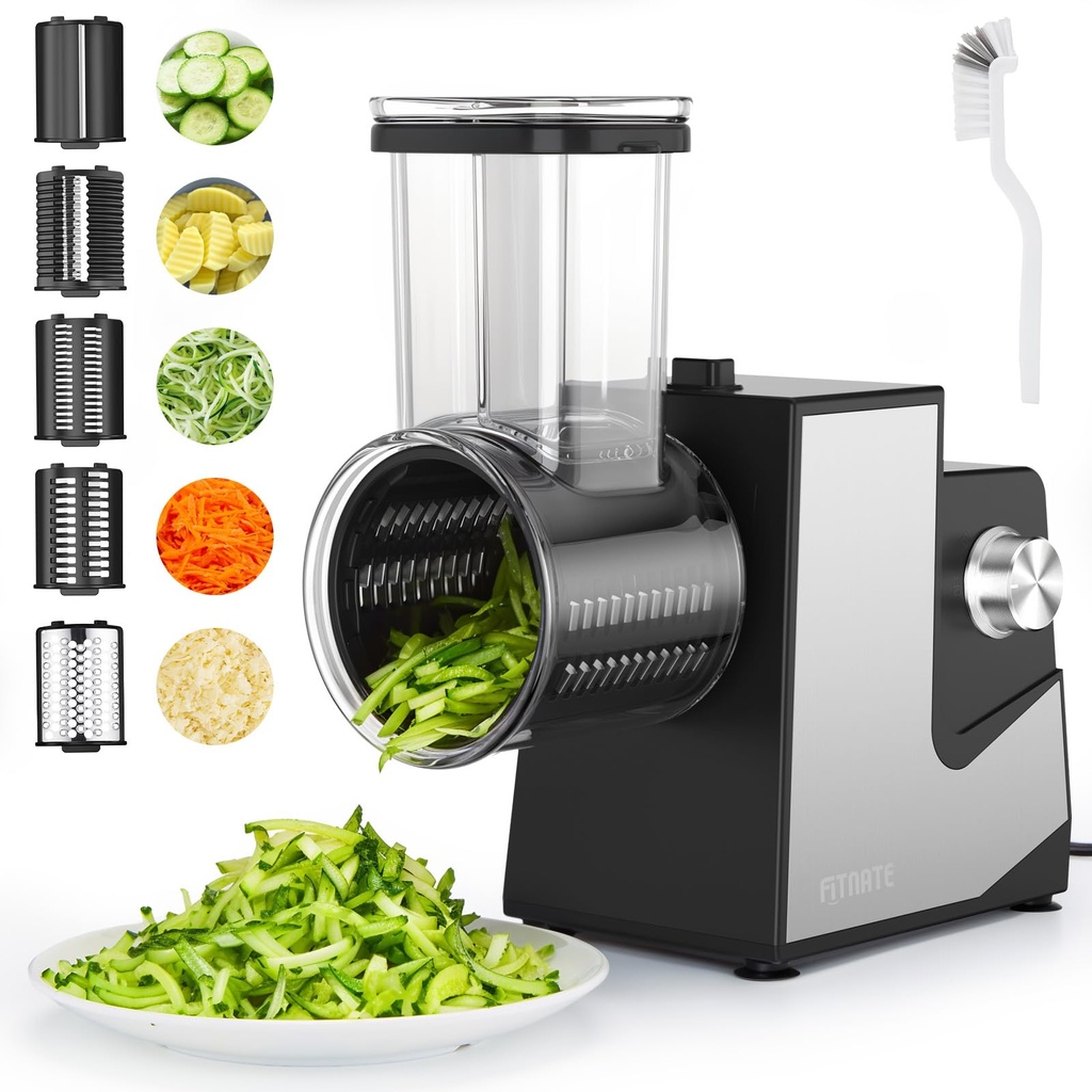 FITNATE 5-in-1 250W Electric Cheese Grater, Electric Salad Maker, Multi Grater, Fruit Cutter