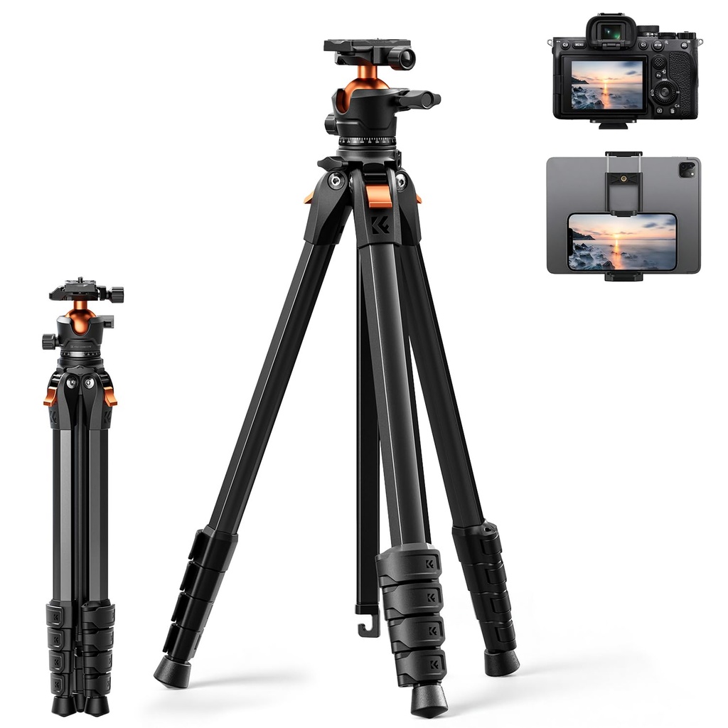 K&F CONCEPT 63"/162cm Travel Compact Tripod for Camera with Ball Head, Aluminium Portable 