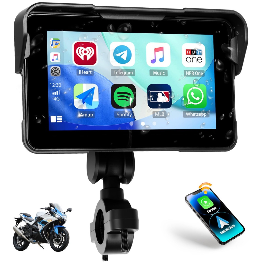 CAMECHO Removable Motorcycle CarPlay Screen, 5 Inch Touchscreen Wireless Car Play & Android