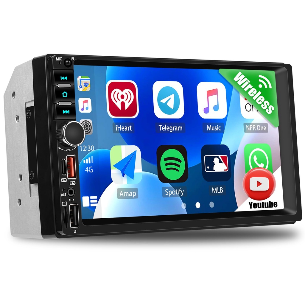 CAMECHO Double Din Car Stereo with Wireless Carplay Android Auto Online Youtube, 7 inch IPS