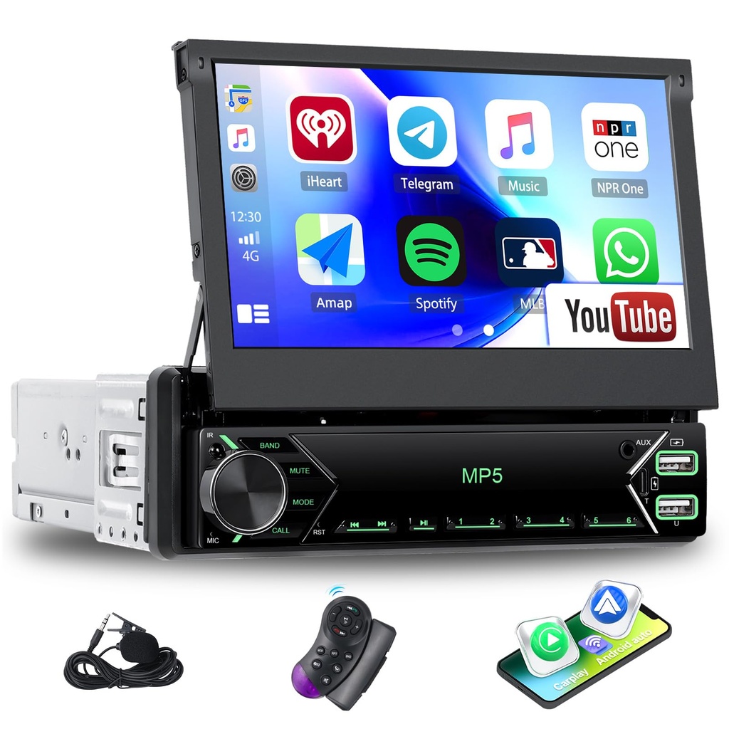 Single Din Car Stereo with Wireless CarPlay Android Auto YouTube, 7 inch 1 Din HD IPS Flip