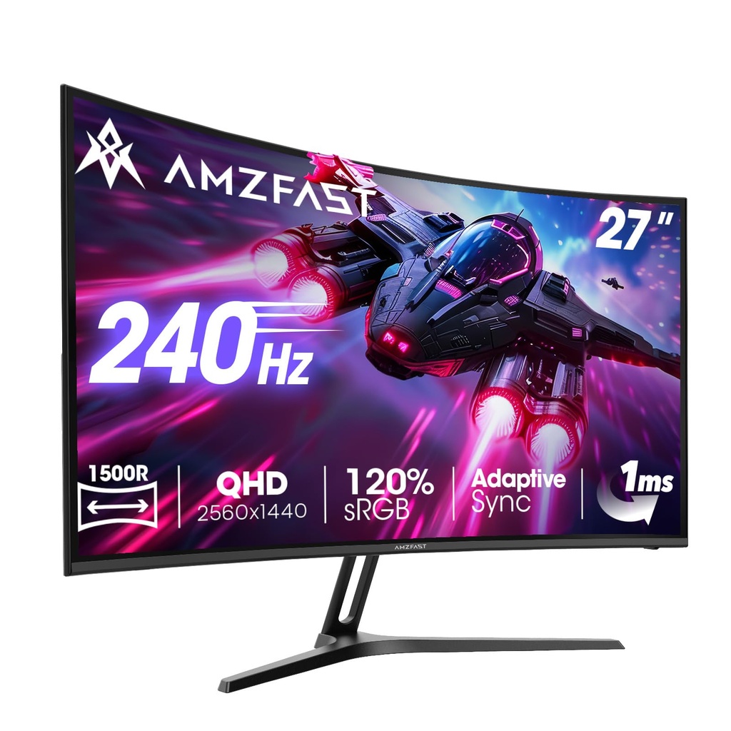 Amzfast 27 inch Gaming Monitor, 2560x1440 QHD, 240Hz, Fast VA Curved 1500R, 1ms MPRT