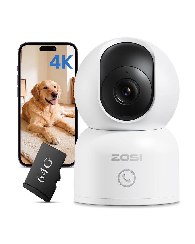 ZOSI 4K Indoor Security Camera, WiFi Pet Camera/Baby Monitor with 64GB Memory Card
