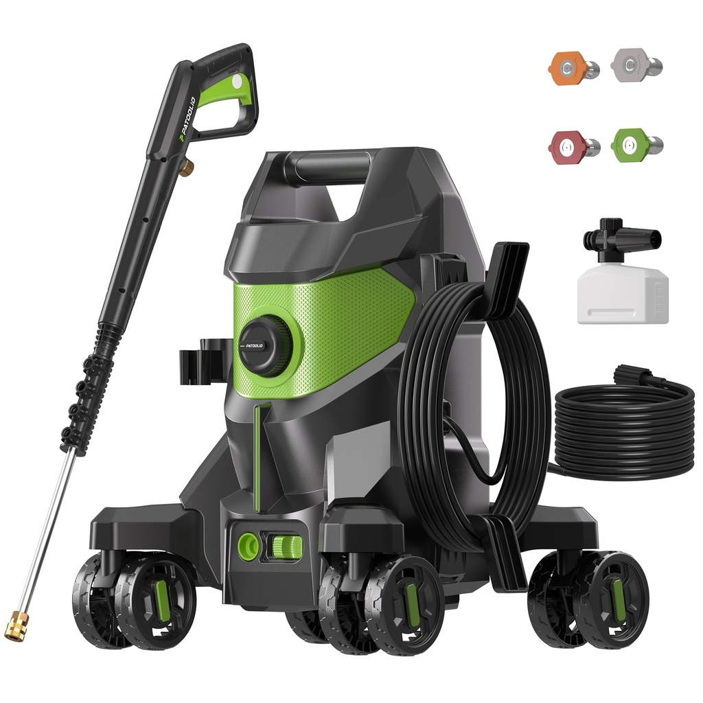 PATOOLIO Pressure Washers, Power Washer with 4 Lockable Wheels, 2000W, 345 Bar Max 680 L/H