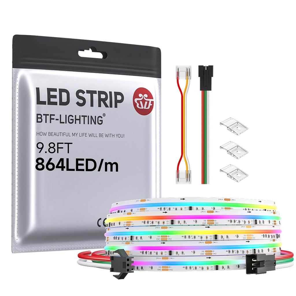 BTF-LIGHTING FCOB COB RGB WS2811 IC Addressable LED Strip DC24V 3m 864LEDs/M 12mm White PCB