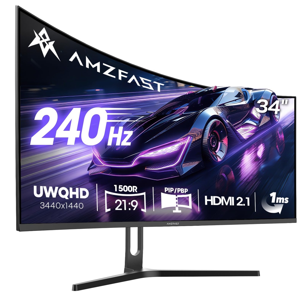 Amzfast 34 Inch Ultrawide Curved Gaming Monitor, 3440x1440 WQHD, 240Hz, 1ms MPRT