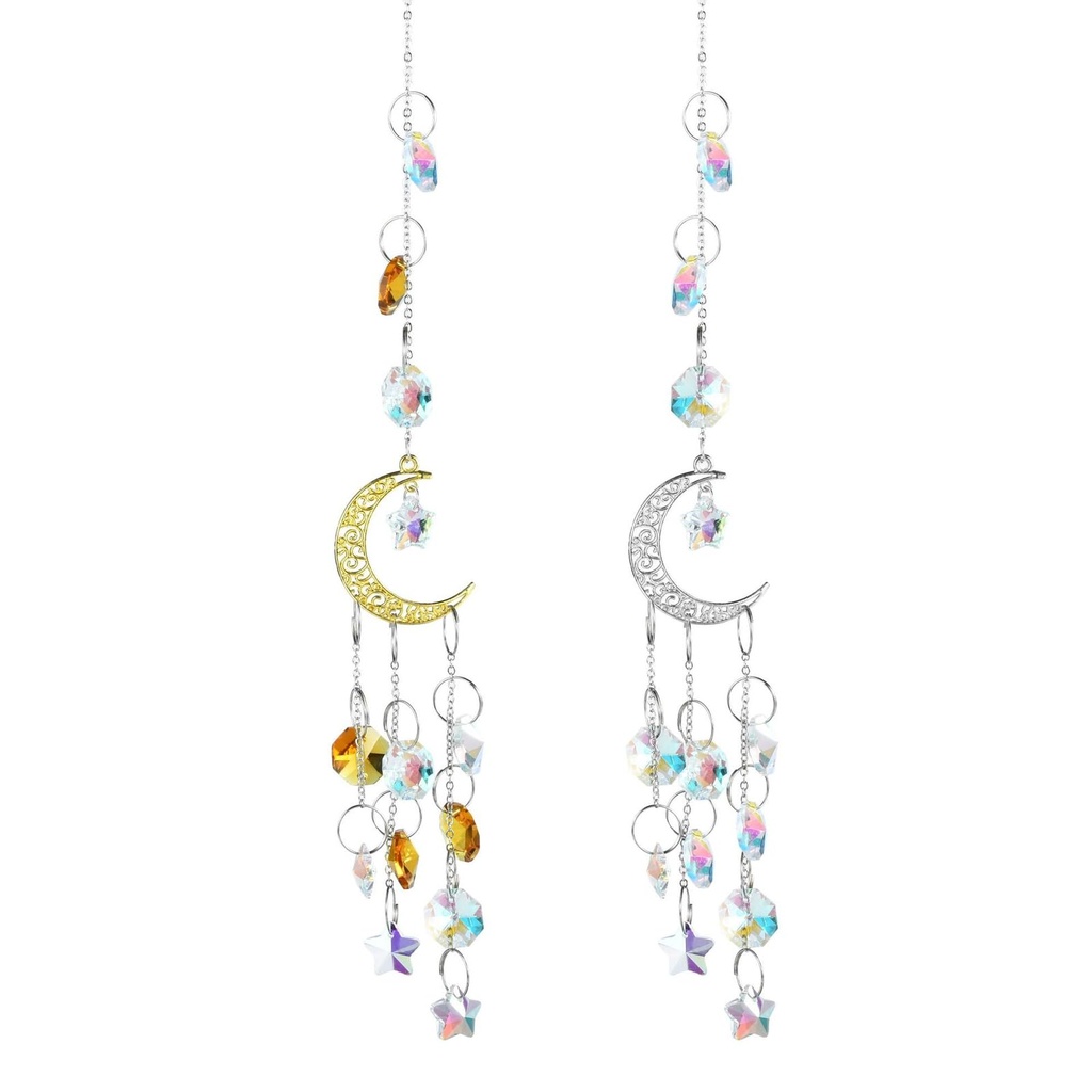 2 PCS Crystal Sun Catchers for Windows,Handcrafted Crystal Suncatchers,Silver Gold Moon Pent